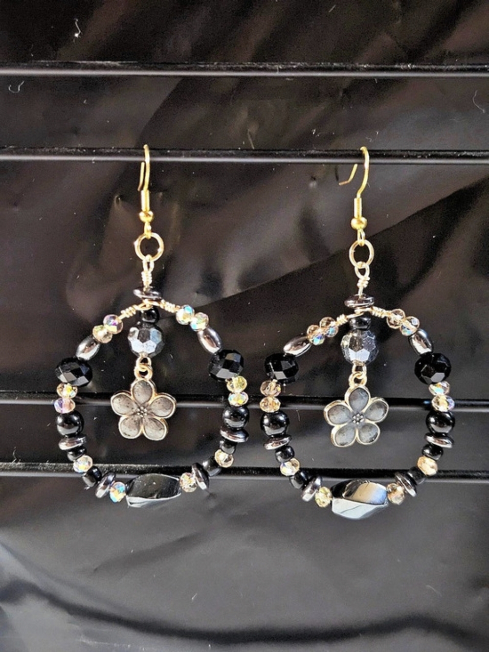 Black Beaded Floral Drop Earrings | New | Handmade
